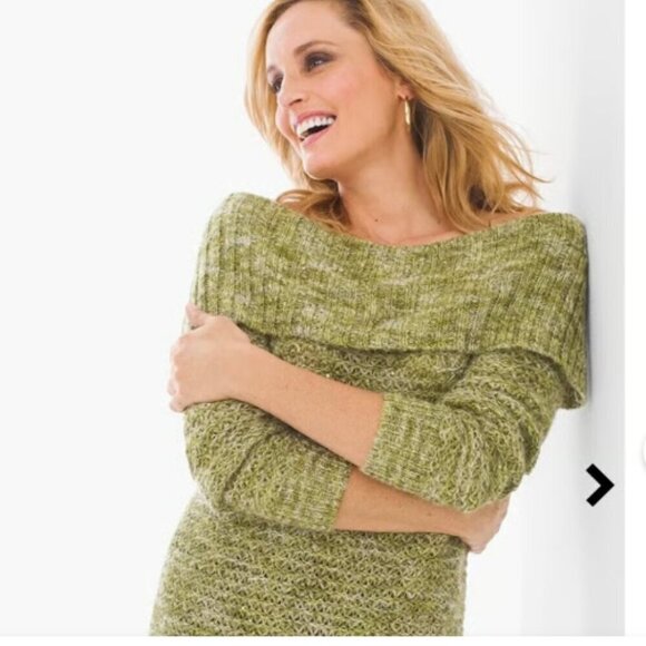 Chico's LIKE NEW Space metallic sequin green mohair blend shoulder sweater XL - Picture 2 of 7